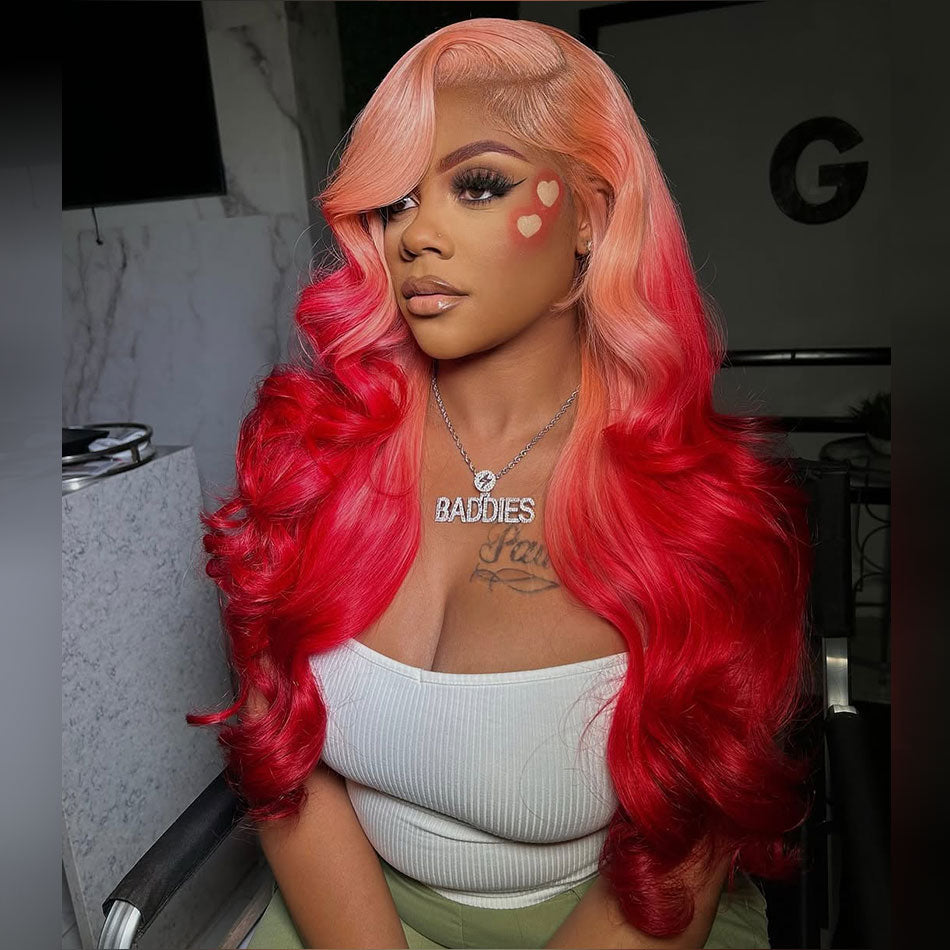 Hot Star 210% Density Ombre Pink With Red HD Transparent 13x6 Lace Front Human Hair Wig Body Wave