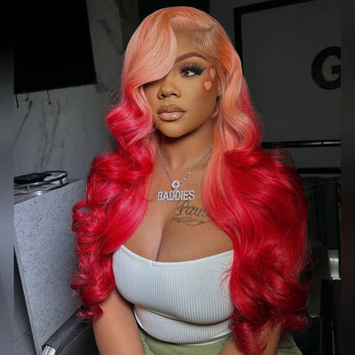 Hot Star 210% Density Ombre Pink With Red HD Transparent 13x6 Lace Front Human Hair Wig Body Wave