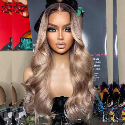 Hot Star Top 10A 250% Density Ash Blonde Colored 13x6 Lace Front Human Hair Wigs With Dark Roots
