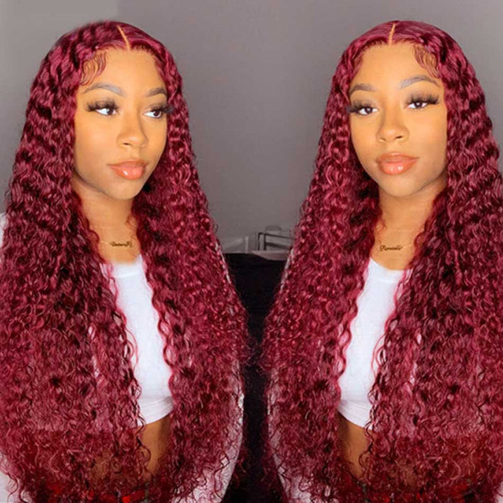 Hot Star Reddish Burgundy Colored 5x5 13x6 Lace Front Closure Curly 6x4 Glueless Ready To Go Human Hair Wigs