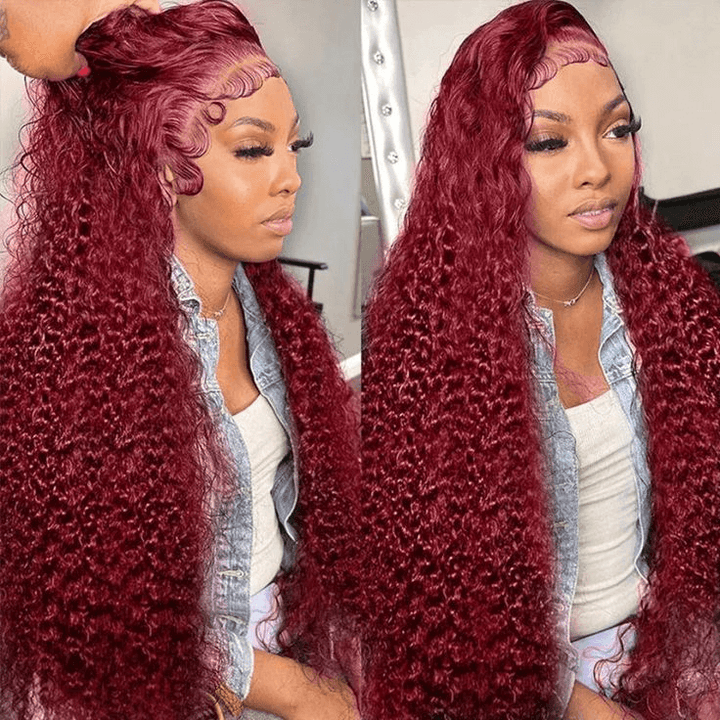 Hot Star Reddish Burgundy Colored 5x5 13x6 Lace Front Closure Curly 6x5 Glueless Ready To Go Human Hair Wigs