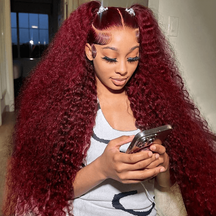 Hot Star Reddish Burgundy Colored 5x5 13x6 Lace Front Closure Curly 6x4 Glueless Ready To Go Human Hair Wigs