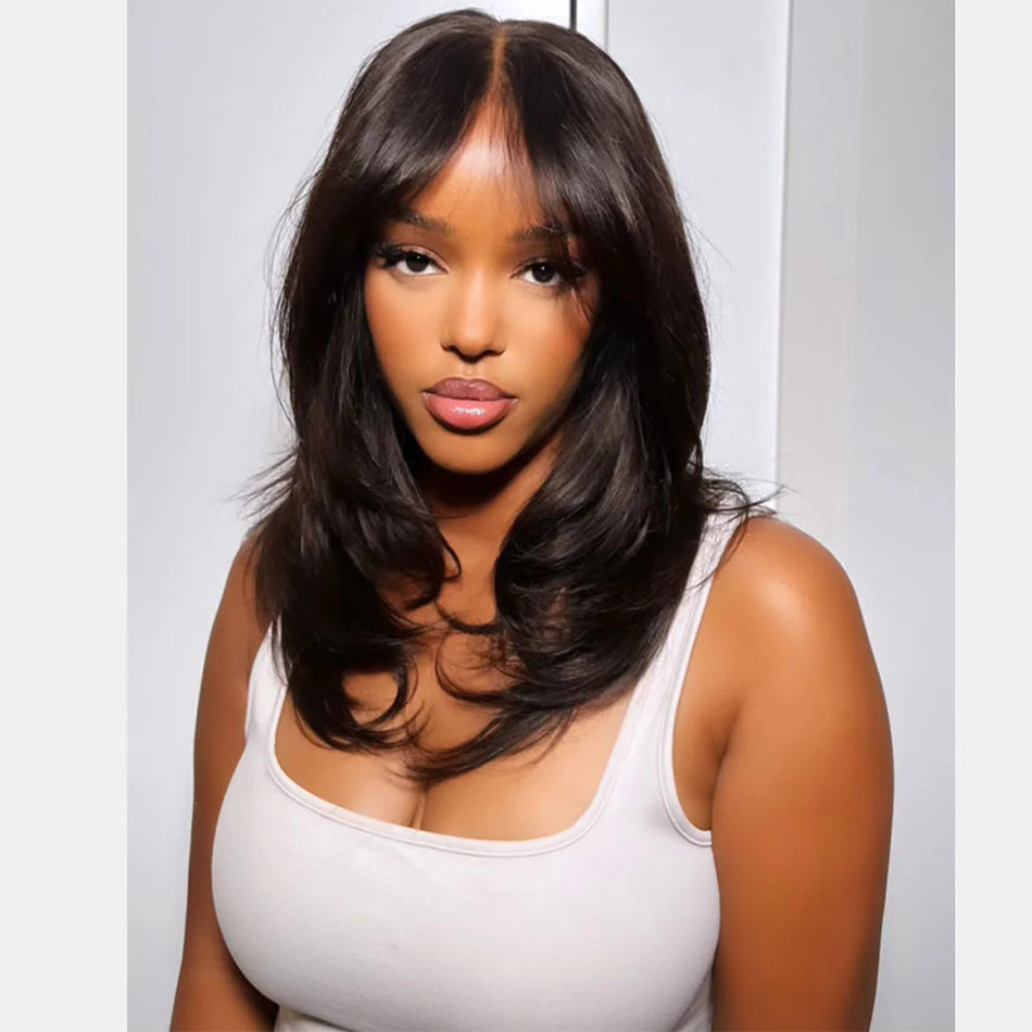 Hot Star 250% Density Double Drawn Curtain Bangs And Layered Cut Design Glueless Lace Wig