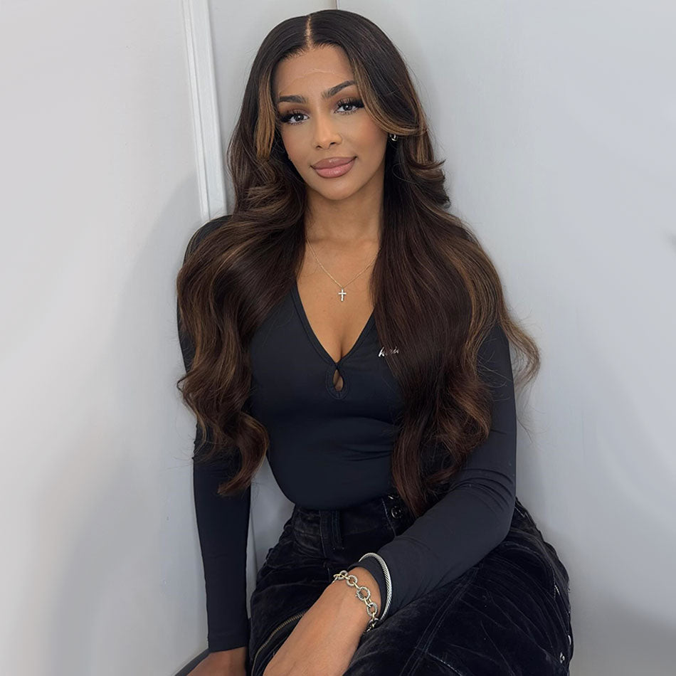 Hot Star Classic Black Roots Highlight Colored 13x6 Lace Front Wig 6x5 Glueless Human Hair Wigs Body Wave