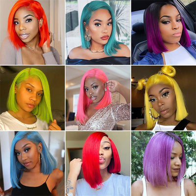 Hot Star 250% Density Customized Colored Short Bob 13x6 Lace Front Straight Human Hair Wigs