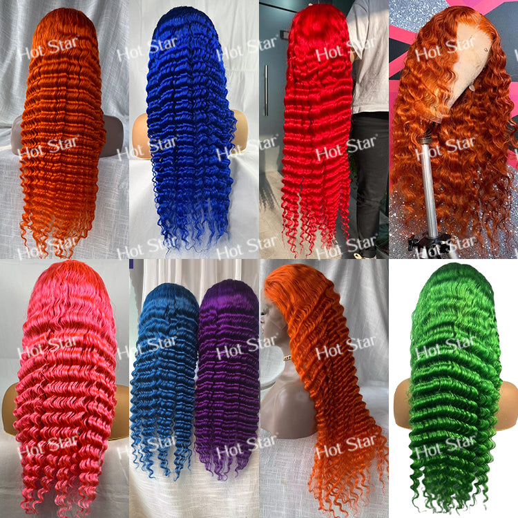 Hot Star 250% Density Customized Colored 13x6 HD Transparent Lace Front Deep Wave Human Hair Wig