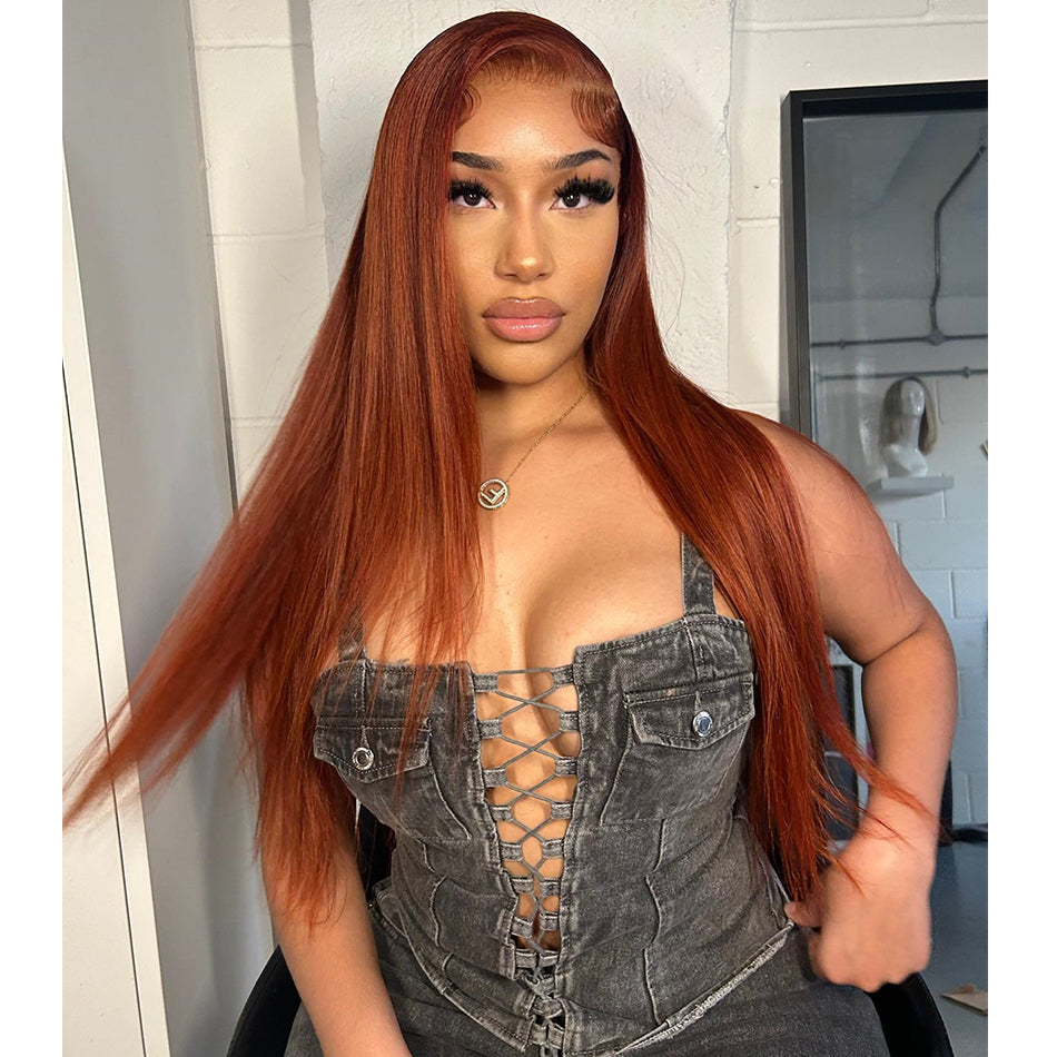 Hot Star Copper Colored 13x6 Lace Front Human Hair Wigs Straight 6x5 Glueless Lace Wig