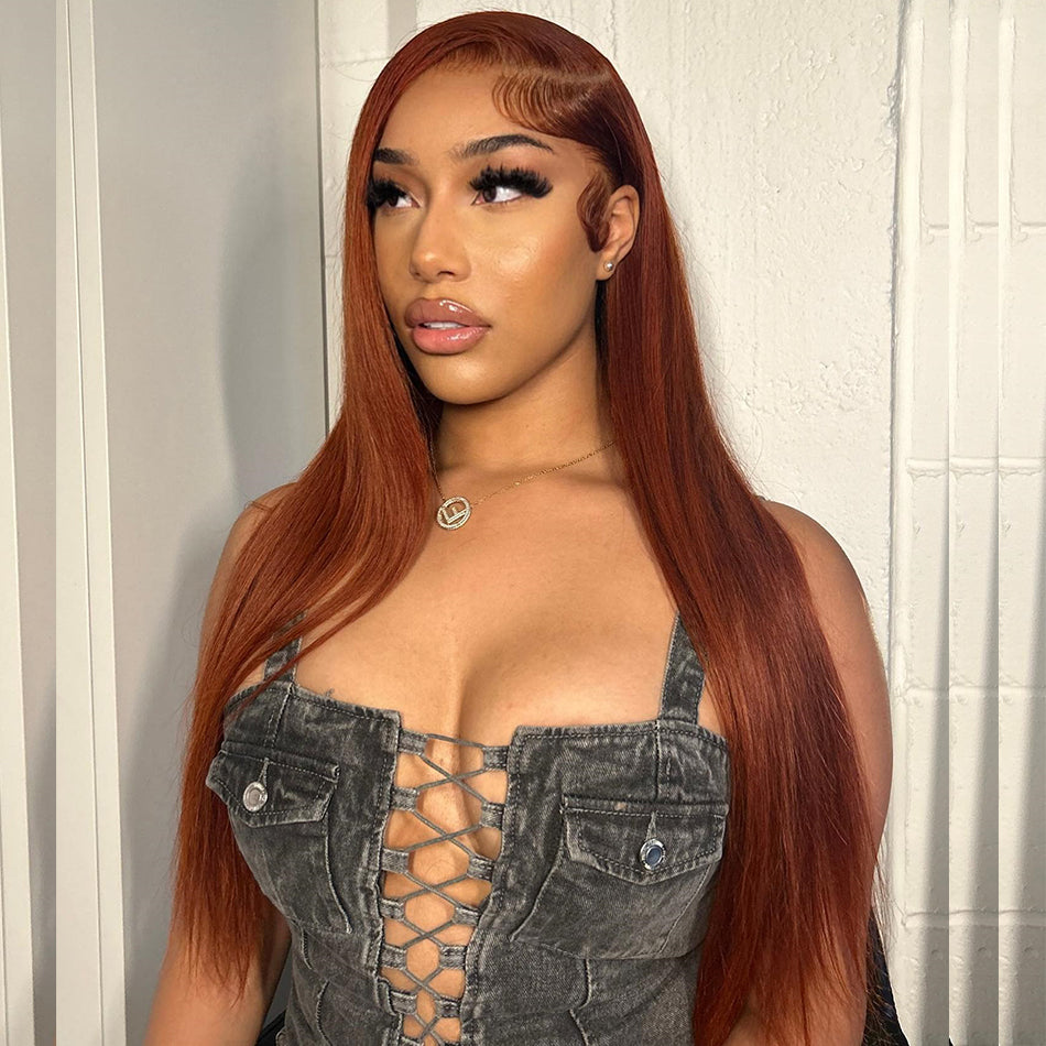 Hot Star Copper Colored 13x6 Lace Front Human Hair Wigs Straight 6x5 Glueless Lace Wig