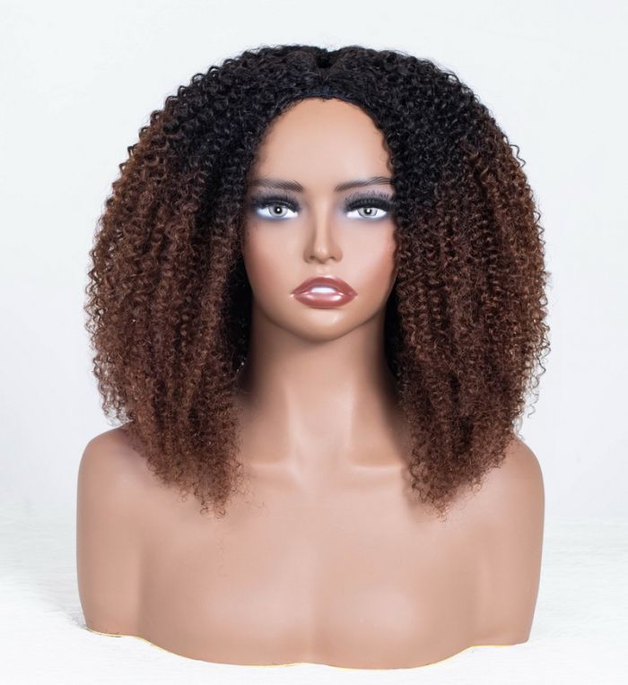 Hot Star Natural Curly Ombre Brown Colored Seamless V-Part Wig