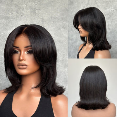 Hot Star Face-Framing Sleek Swoop Bangs Layered Cut Bob 6x5 Glueless Lace Human Hair Wig