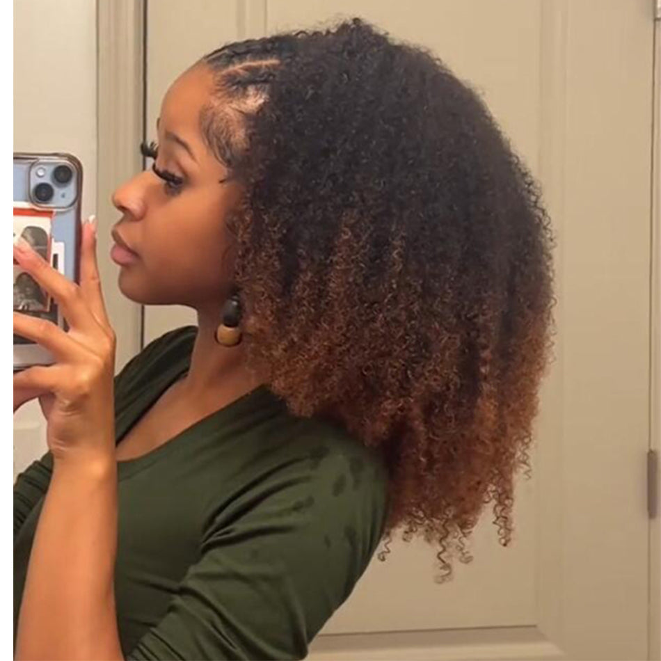 Hot Star Dip-dyed Coily Curly Ombre Brown Colored 3 In 1 Half Wig ( Can be weared in half wig / headband wig / ponytail )