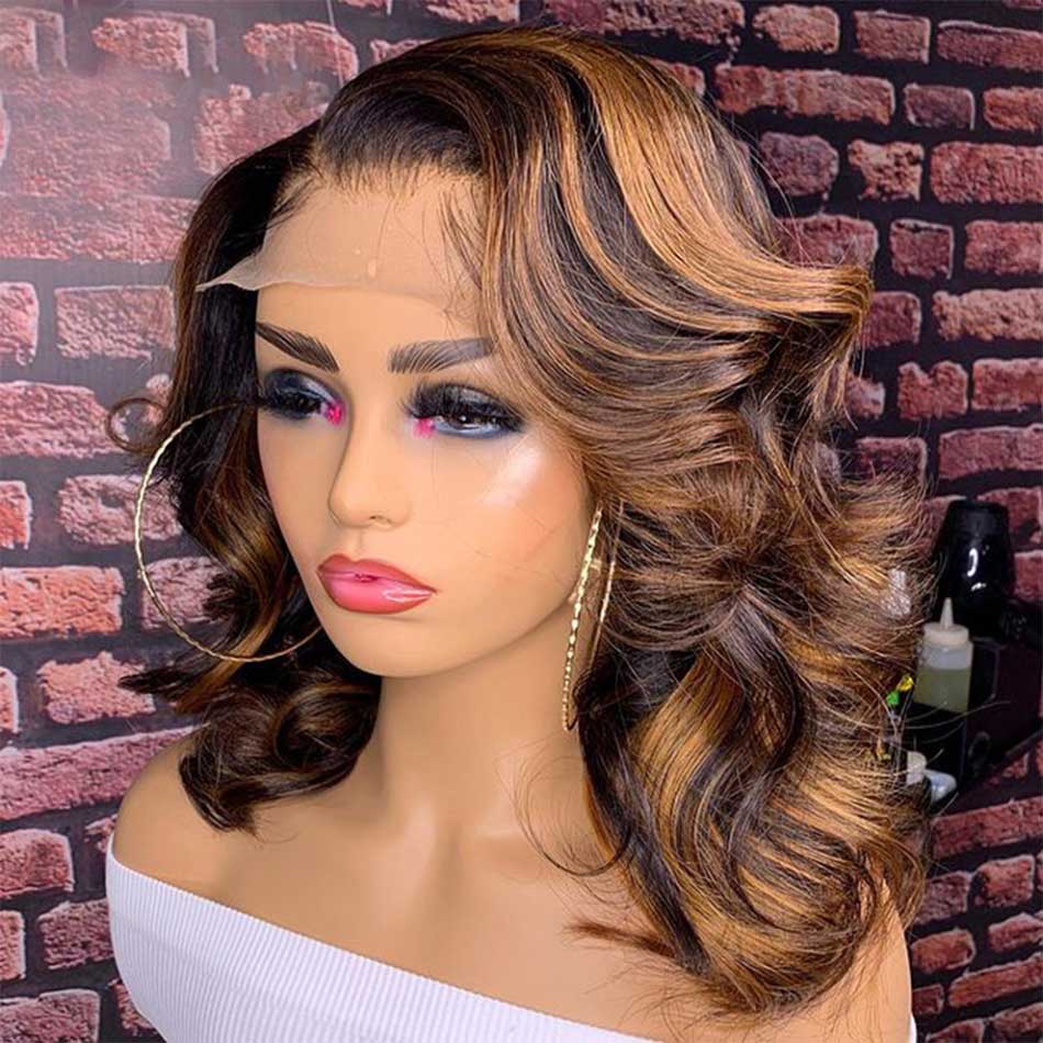 Hot Star 4x6 13x6 Lace Front Guleless Closure Highlight Colored Short Wavy Bob Wigs Human Hair Full And Bouncy
