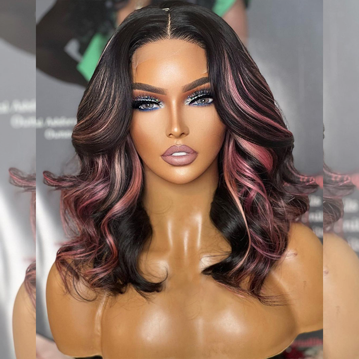 Hot Star Highlight Pink Colored HD Transparent 13x6 Lace Front Wig 6x5 Glueless Ready Go Human Hair Wig