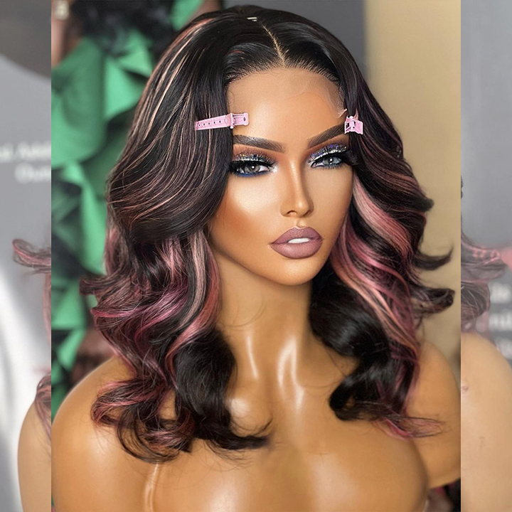 Hot Star Highlight Pink Colored HD Transparent 13x6 Lace Front Wig 6x5 Glueless Ready Go Human Hair Wig