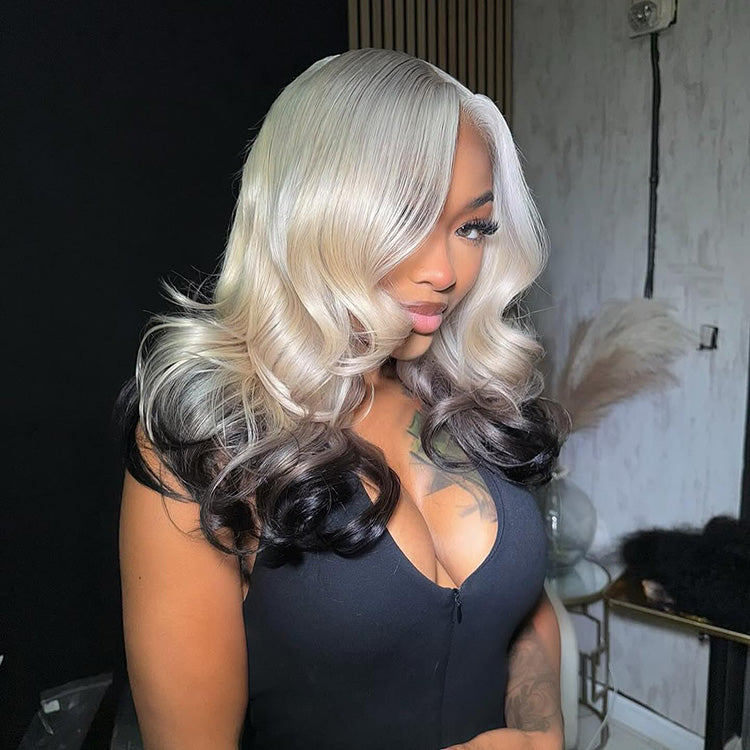 Hot Star 250% Density Double Drawn Ombre Platinum With Black 13x6 Lace Front Human Hair Wigs