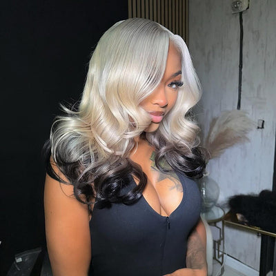 Hot Star 250% Density Double Drawn Ombre Platinum With Black 13x6 Lace Front Human Hair Wigs