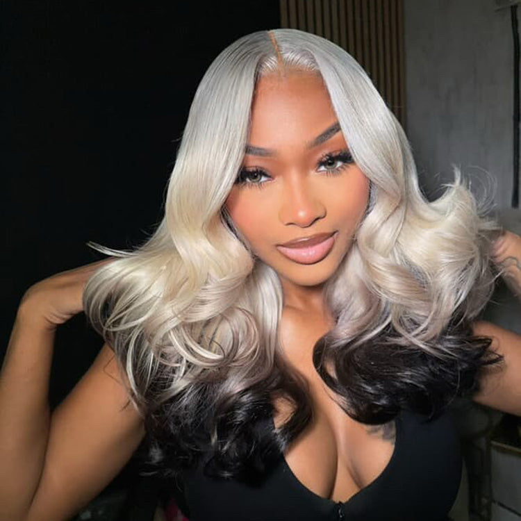 Hot Star 250% Density Double Drawn Ombre Platinum With Black 13x6 Lace Front Human Hair Wigs