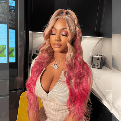 Hot Star 210% Density Ombre Platinum Blonde With Rose Pink HD Transparent 13x4 13x6 Lace Front Human Hair Wig Body Wave