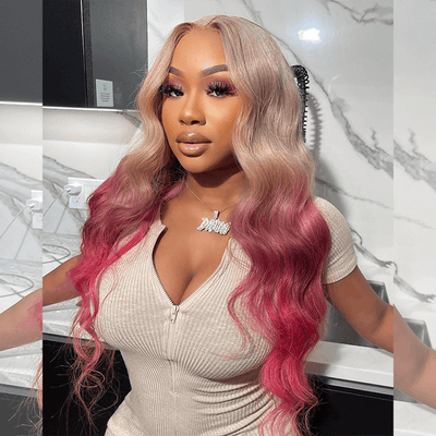 Hot Star 210% Density Ombre Platinum Blonde With Rose Pink HD Transparent 13x4 13x6 Lace Front Human Hair Wig Body Wave