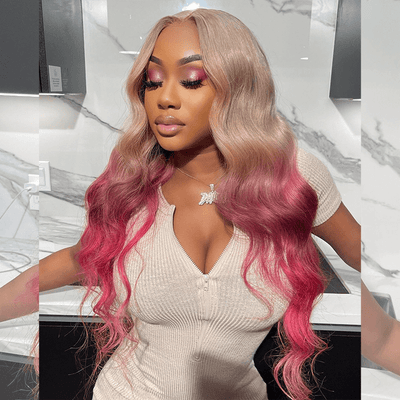 Hot Star 210% Density Ombre Platinum Blonde With Rose Pink HD Transparent 13x4 13x6 Lace Front Human Hair Wig Body Wave