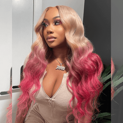 Hot Star 210% Density Ombre Platinum Blonde With Rose Pink HD Transparent 13x4 13x6 Lace Front Human Hair Wig Body Wave