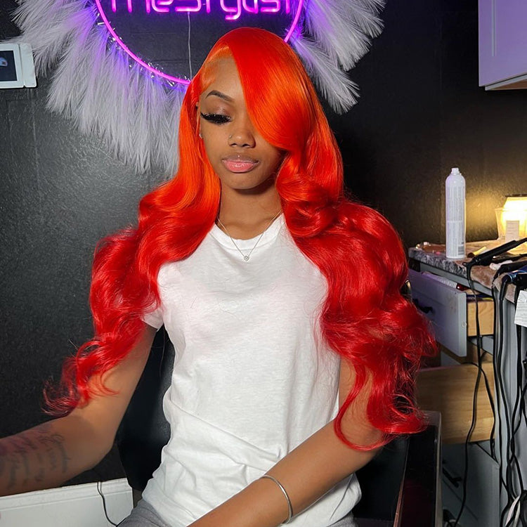 Hot Star 250% Density Bright Orange Red Colored 13x6 Lace Front Human Hair Wigs