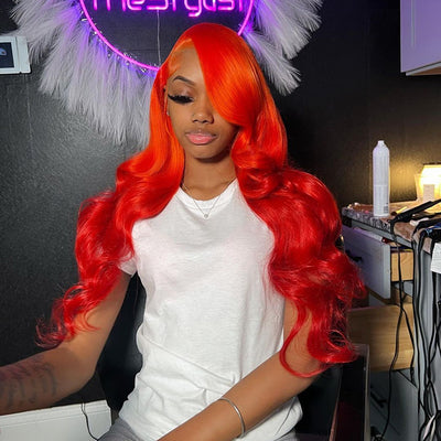 Hot Star 250% Density Bright Orange Red Colored 13x6 Lace Front Human Hair Wigs