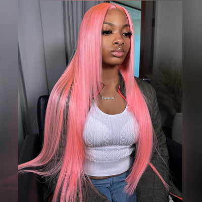 Hot Star 250% Density Customized Colored Pink Wigs Human Hair Pre Plucked HD Transparent 13x6 Brazilian Straight Lace Front Wigs