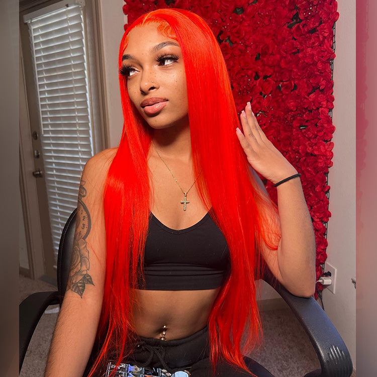 Hot Star 250% Density Bright Orange Red Colored 13x6 Lace Front Human Hair Wigs