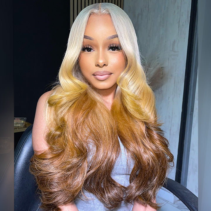 Hot Star Platinum Blonde Three Tone Colored 250% Density 13x6 Lace Human Hair Wigs Body Wave