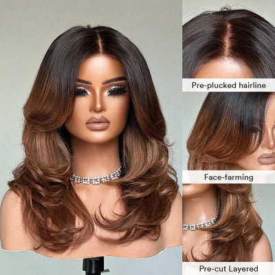 Hot Star 250% Density Ombre Brown Curtain Bangs And Layered Cut Design Glueless Lace Wig