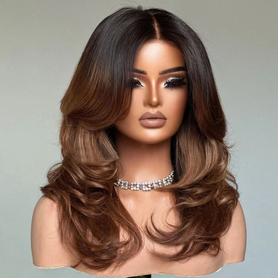 Hot Star 250% Density Ombre Brown Curtain Bangs And Layered Cut Design Glueless Lace Wig