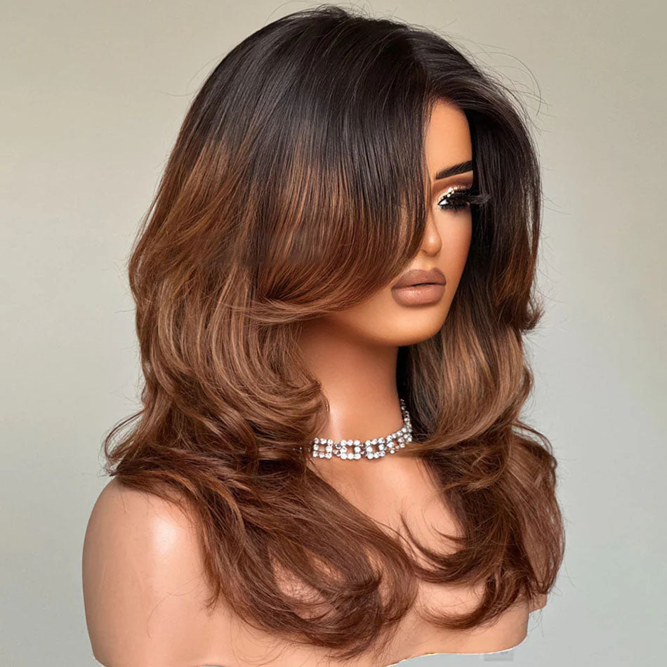 Hot Star 250% Density Ombre Brown Curtain Bangs And Layered Cut Design Glueless Lace Wig