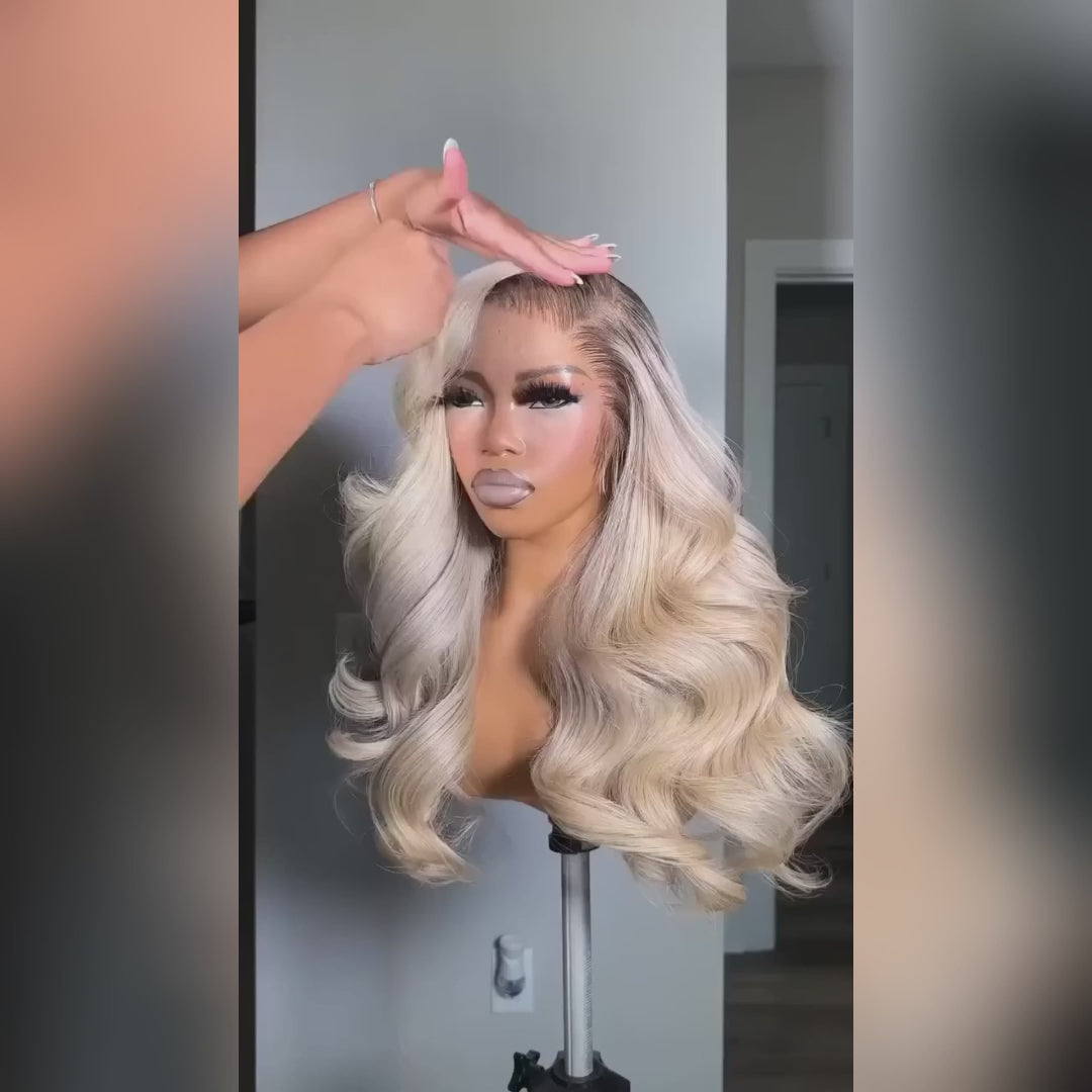 Hot Star Top 10A 250% Density Ash Blonde Colored 13x6 Lace Front Human Hair Wigs With Dark Roots