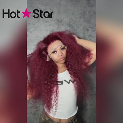Hot Star Reddish Burgundy Colored 5x5 13x6 Lace Front Closure Curly 6x5 Glueless Ready To Go Human Hair Wigs