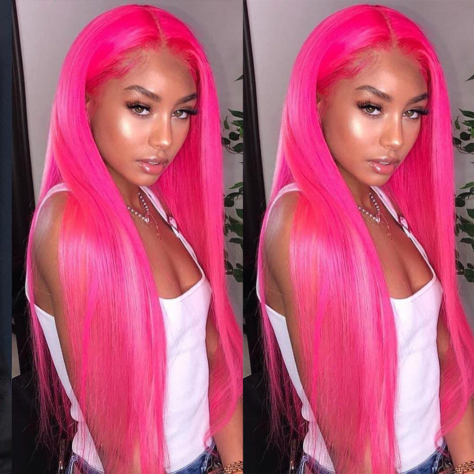 Hot Star Special Customized Rose Red Colored HD Transparent 13x6 Lace Front Human Hair Wigs