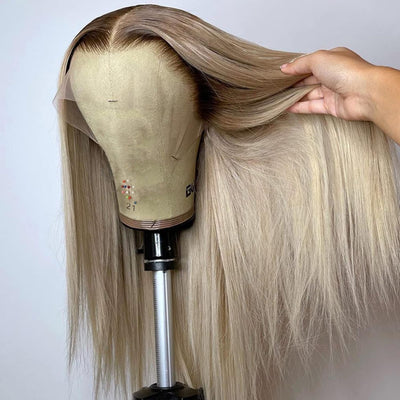 Hot Star Top 10A 250% Density Ash Blonde Colored 13x6 Lace Front Human Hair Wigs With Dark Roots
