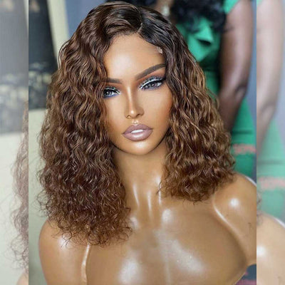 Hot Star Hairstylist Works Elegant Asymmetric Ombre Brown Short Curly Colored Human Hair Bob Wigs