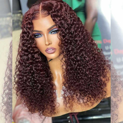Hot Star Hairstylist Works 4x6 Glueless Lace Closure Curly Ready To Wear Human Hair Wigs 99j Wine Red Colored Wigs
