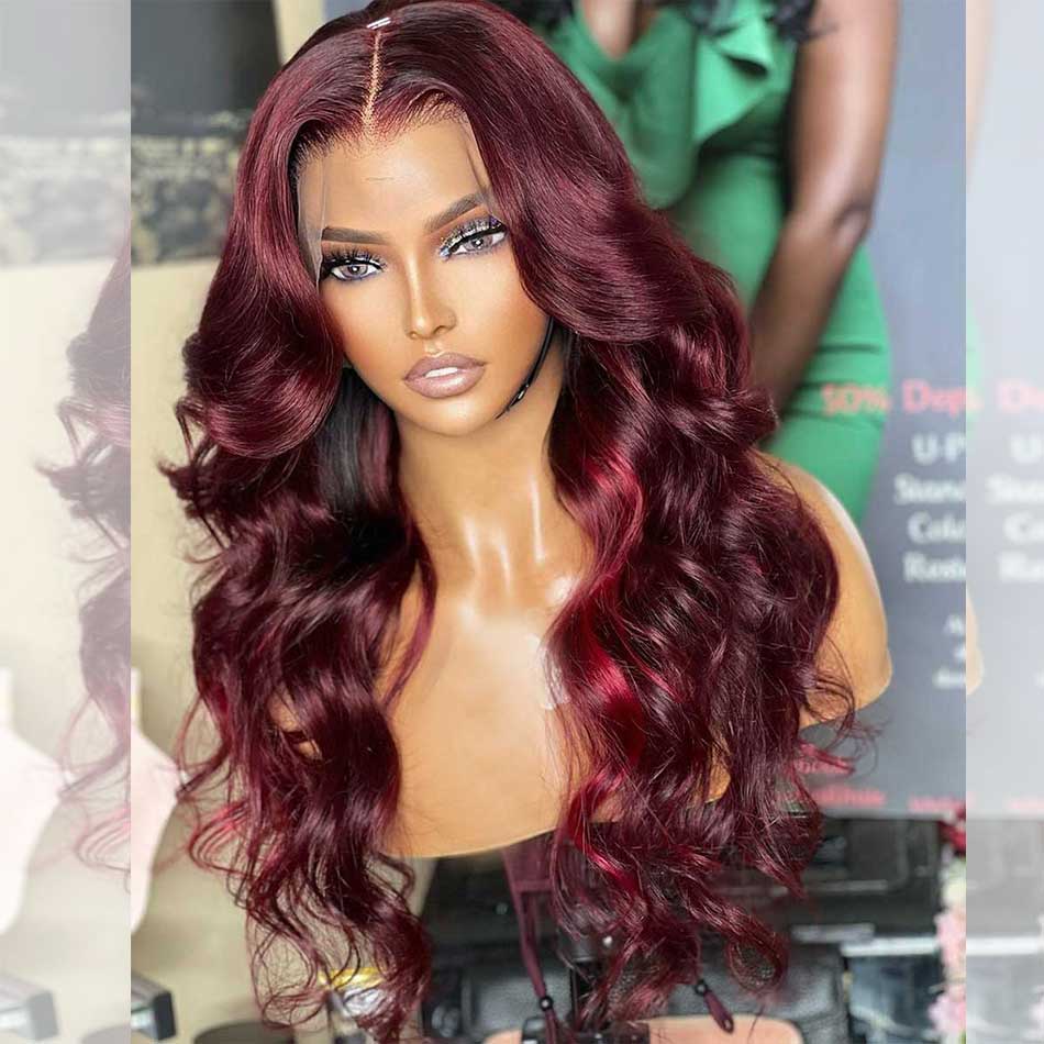 Hot Star Luxurious Little Red Highlights 99J Colored Wigs 13x6 Lace Front 6x5 Glueless Ready To Go Human Hair Wigs