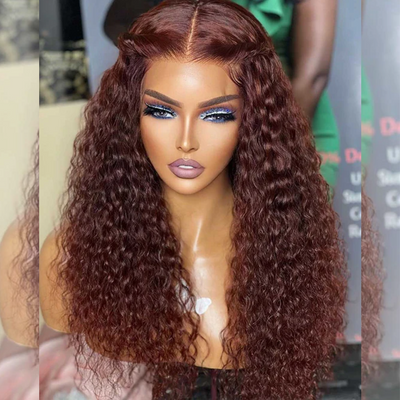 Hot Star 180% Density 13x6 HD Transparent Lace Front Curly Human Hair Wigs 33# Auburn Reddish Brown Colored Wigs