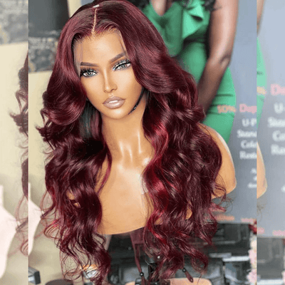 Hot Star Luxurious Little Red Highlights 99J Colored Wigs 13x6 Lace Front 6x5 Glueless Ready To Go Human Hair Wigs