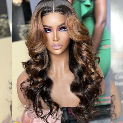 Hot Star Hairstylist Works 180% Luxurious 5x5 Highlight Brown Colored Lace Closure Human Hair Wigs Body Wave