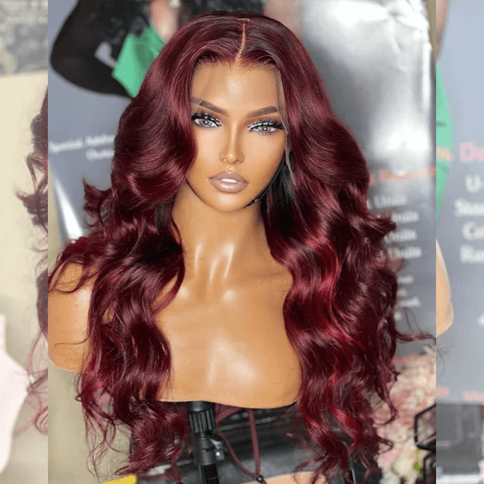 Hot Star Luxurious Little Red Highlights 99J Colored Wigs 13x6 Lace Front 6x5 Glueless Ready To Go Human Hair Wigs