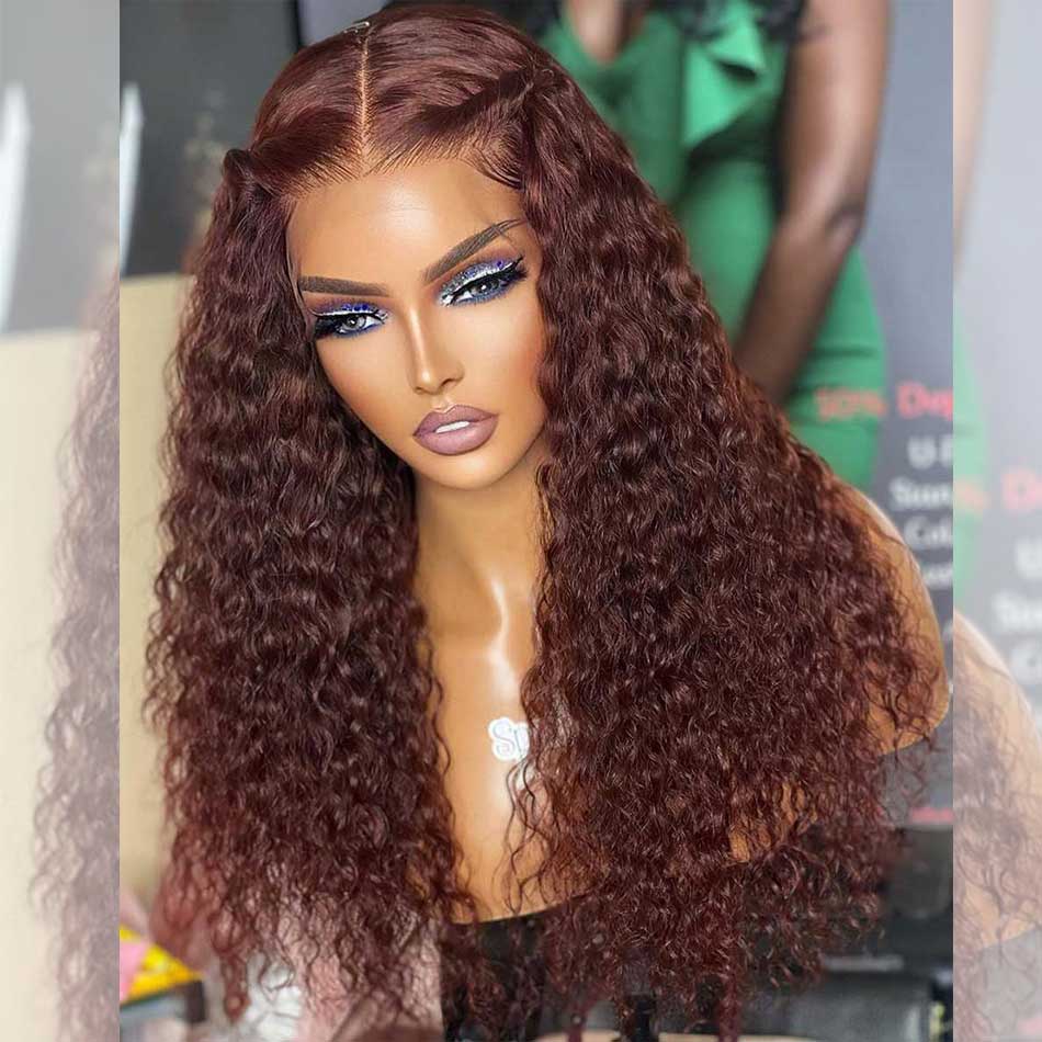 Hot Star 180% Density 13x6 HD Transparent Lace Front Curly Human Hair Wigs 33# Auburn Reddish Brown Colored Wigs