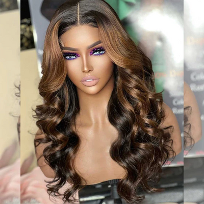 Hot Star Hairstylist Works 180% Luxurious 5x5 Highlight Brown Colored Lace Closure Human Hair Wigs Body Wave